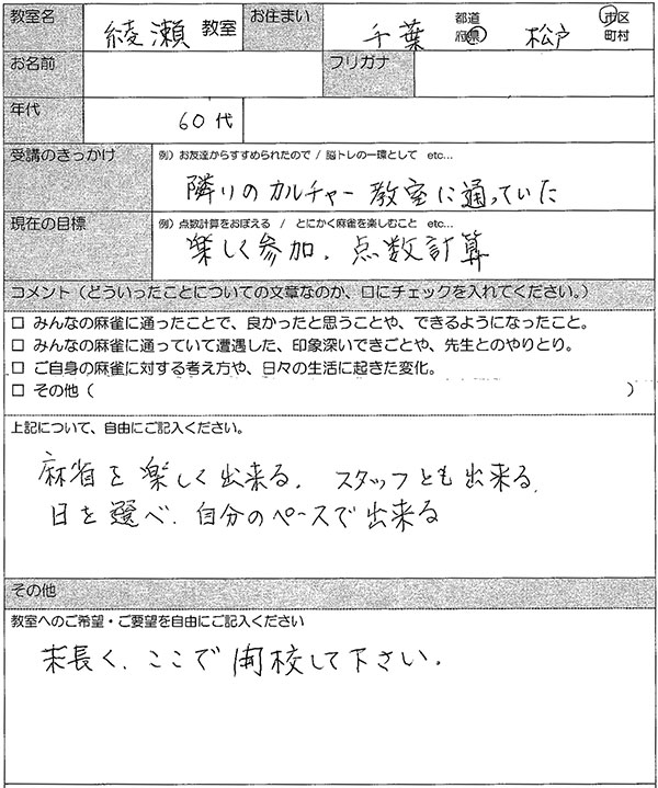 松戸市60代女性 麻雀教室アンケート